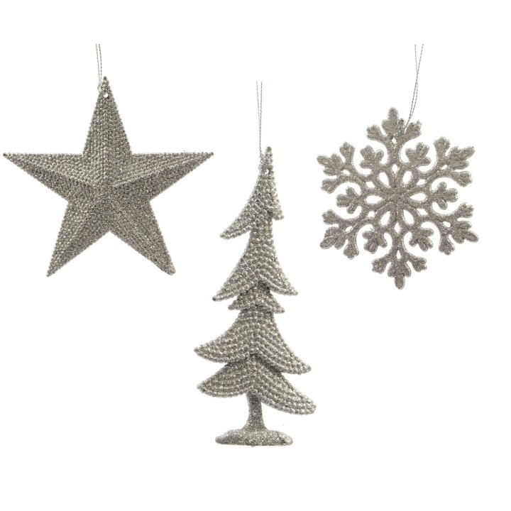 Décorations de Noël en métal argenté : étoile, sapin et flocon de neige.