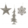 Décorations de Noël en métal argenté : étoile, sapin et flocon de neige.