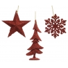 Ornements rouges en forme d'étoile, sapin et flocon, texturés et festifs.