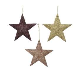 Trois étoiles scintillantes en relief, dans des teintes dorées, brunes et cuivrées.