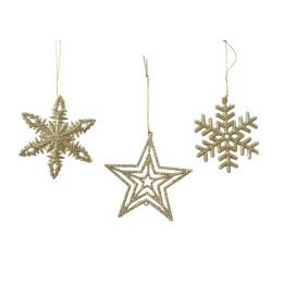 Trois décorations dorées en forme d'étoiles et de flocons de neige scintillants.