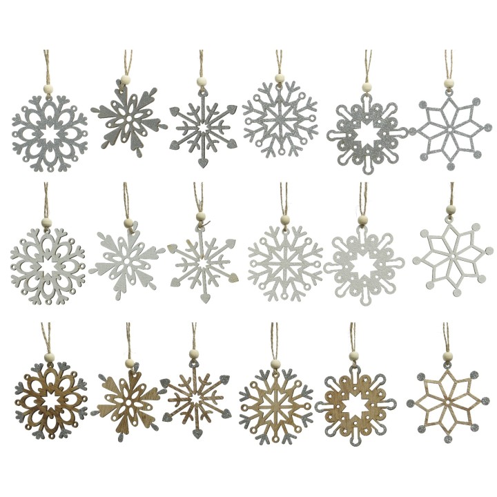Flocons de neige en bois et métal, nuances argentées et dorées, décorations hivernales élég...