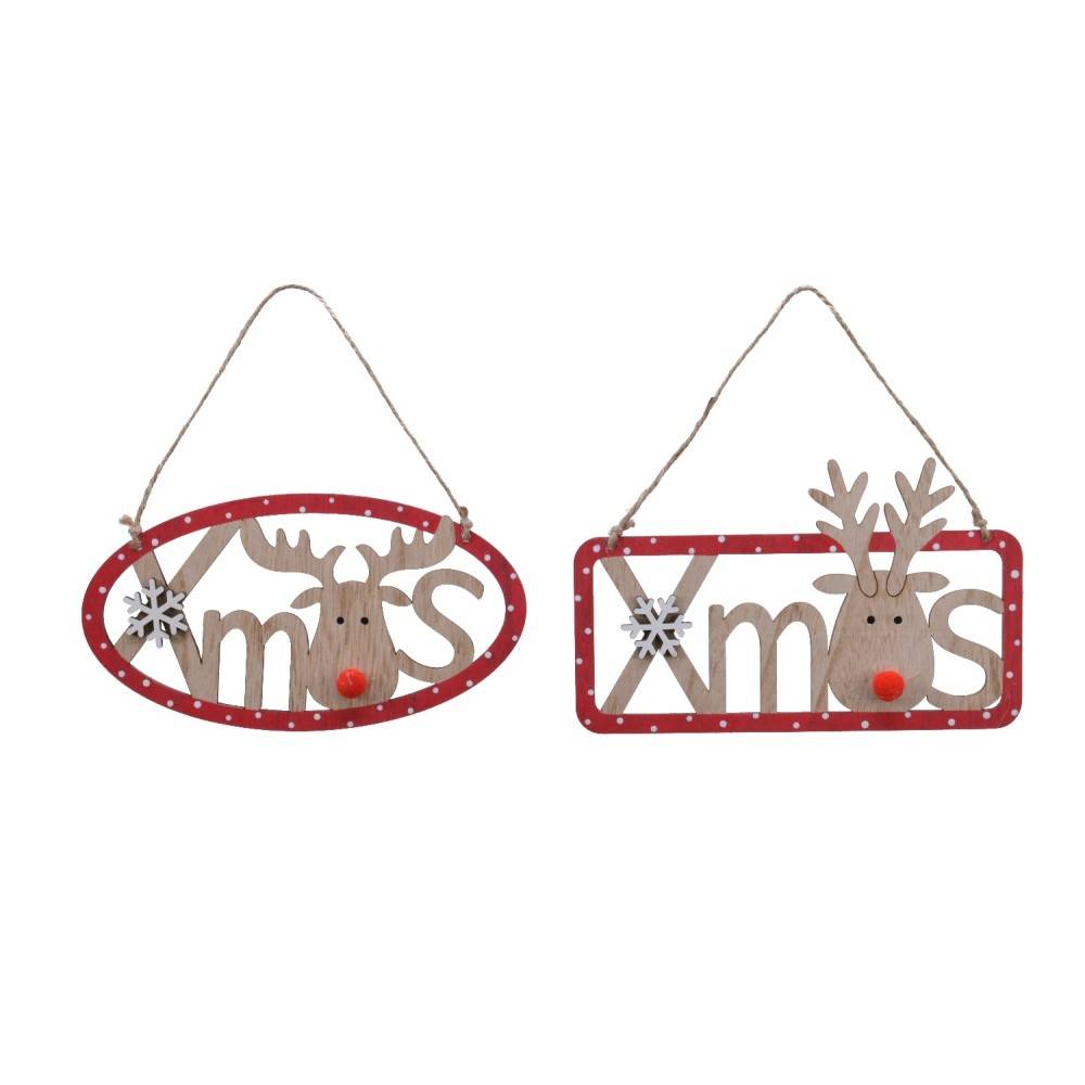 Décorations de Noël en bois, rouge et naturel, avec rennes et lettres festives.
