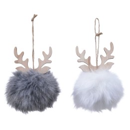 Deux ornements en fausse fourrure, gris et blanc, avec des bois en bois naturel.