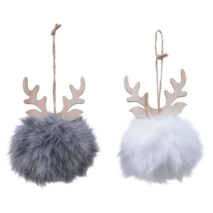 Deux ornements en fausse fourrure, gris et blanc, avec des bois en bois naturel.