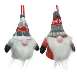 Deux petits gnomes en tissu, chapeaux colorés, barbes blanches, style festif et chaleureux.
