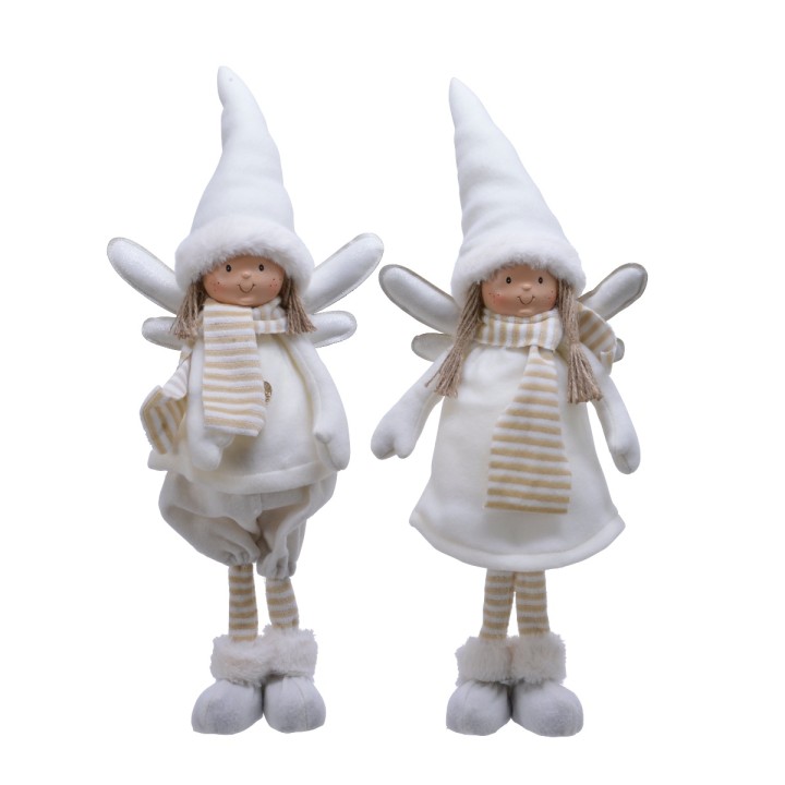 Deux poupées angéliques en blanc, avec chapeaux pointus et ailes délicates, au style doux et f...