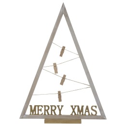 Arbre triangulaire en bois clair avec message doré et décorations en corde.