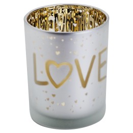 Vase en verre argenté avec inscription dorée "LOVE" et motifs de cœurs.