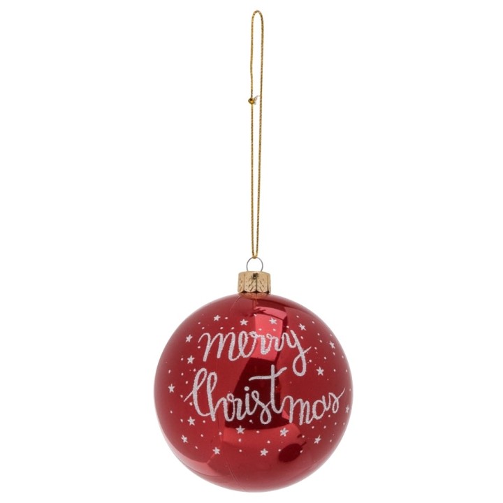 Boule de Noël rouge brillante avec inscription "Merry Christmas" et étoiles blanches.