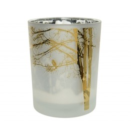 Vase en verre mat, orné d'arbres dorés et d'un oiseau sur fond doux et clair.