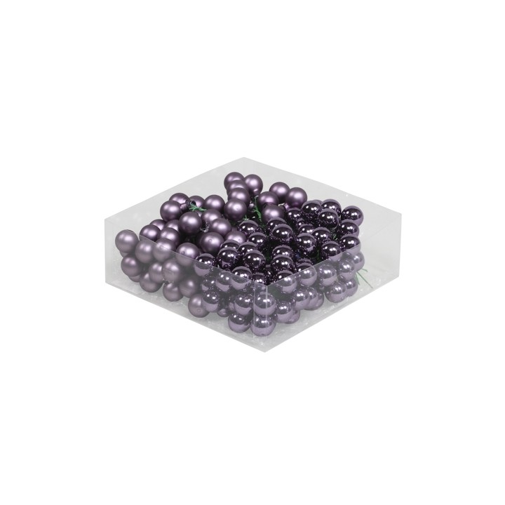 Raisin en plastique violet brillant, disposé en grappes sur fond transparent.