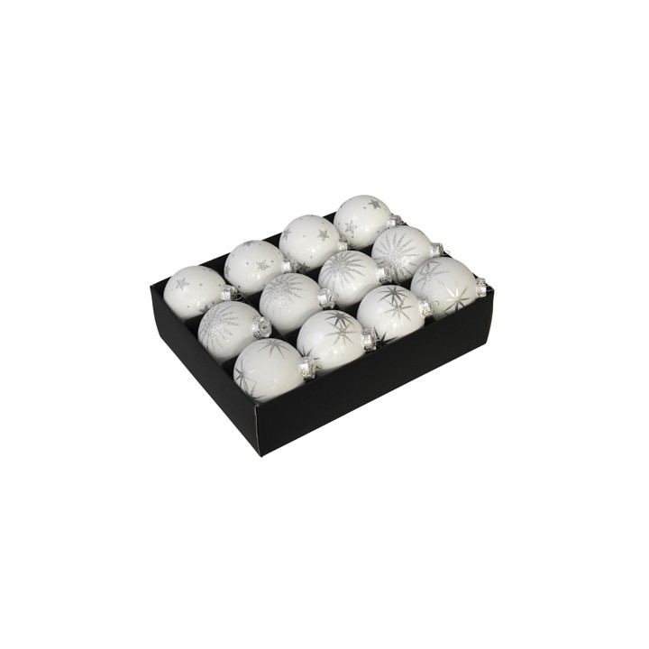 Douze boules de Noël blanches ornées d'étoiles argentées, présentées dans une boîte noire.