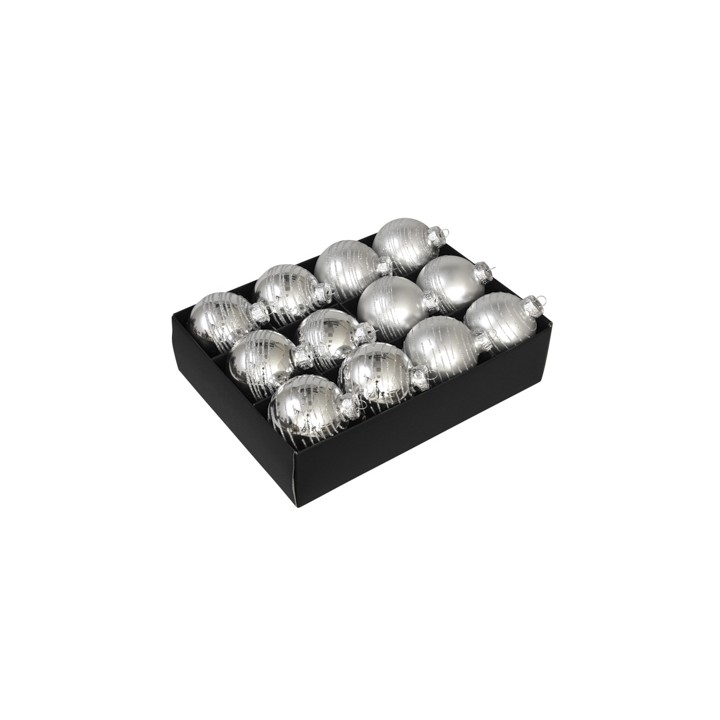 Douze boules de Noël argentées brillantes, présentées dans une boîte noire élégante.