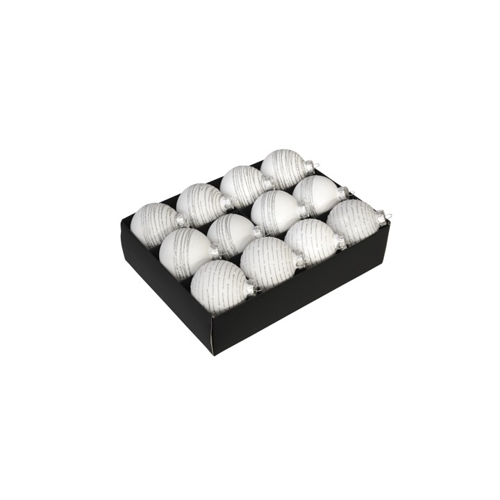 Douze boules de Noël blanches et argentées, présentées dans une boîte noire élégante.