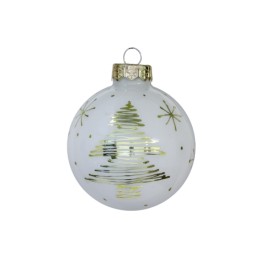 Boule de Noël blanche ornée d'un sapin doré et d'étoiles scintillantes.