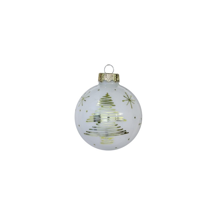 Boule de Noël blanche ornée d'un sapin doré et d'étoiles scintillantes.