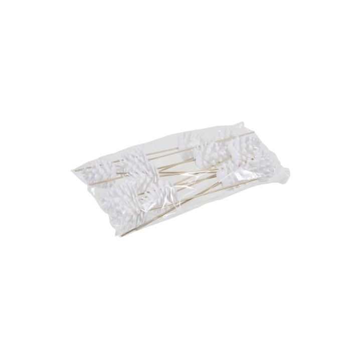 Bâtonnets en bois avec décorations blanches en forme de feuilles, emballés dans un sachet tran...