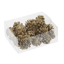 Pignes dorées scintillantes dans une boîte transparente, créant une ambiance festive.