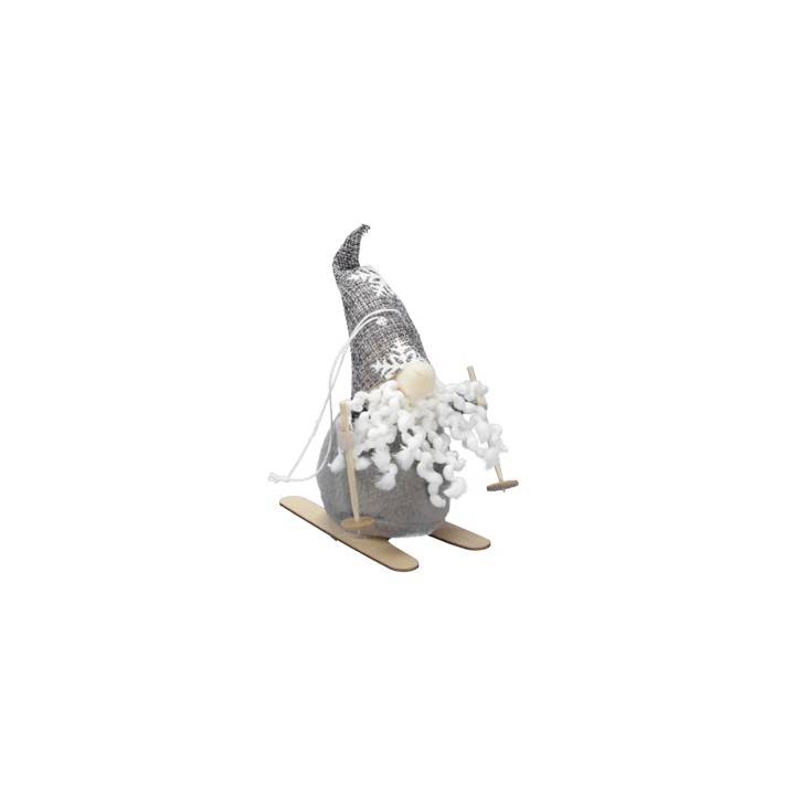 Gnome en laine grise avec barbe blanche, skis en bois, bonnet argenté scintillant.