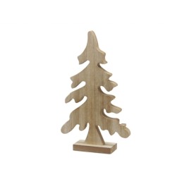 Sculpture en bois représentant un sapin stylisé, aux contours arrondis et naturels.