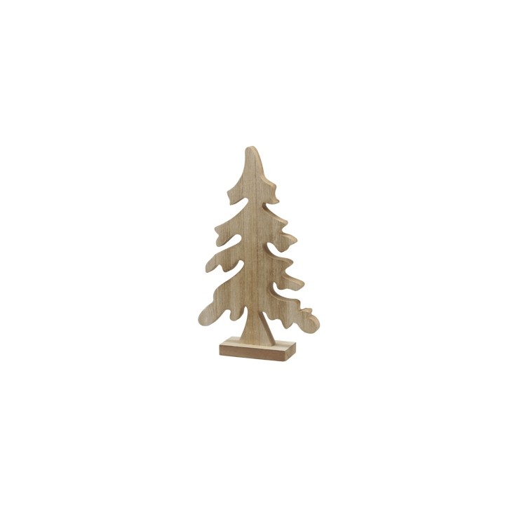 Sculpture en bois représentant un sapin stylisé, aux contours arrondis et naturels.