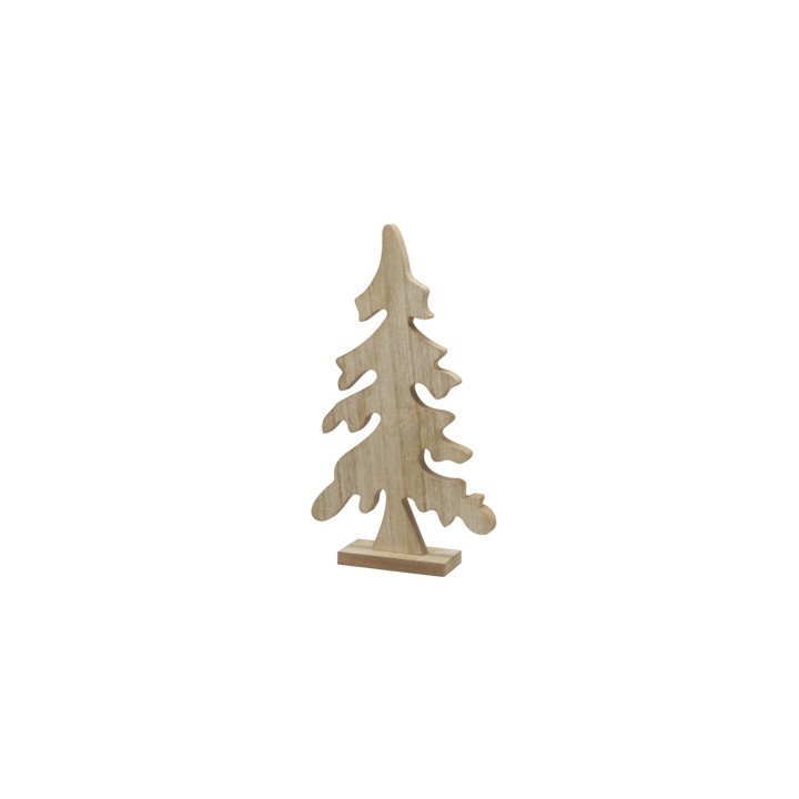 Sculpture en bois représentant un sapin stylisé, aux formes épurées et naturelles.