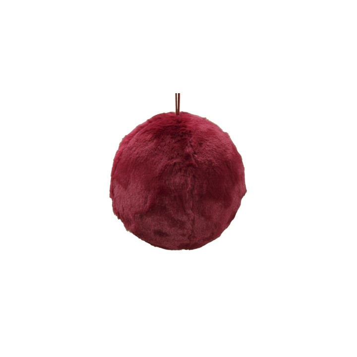 Boules en fausse fourrure rouge, douces et rondes, suspendues par un cordon.