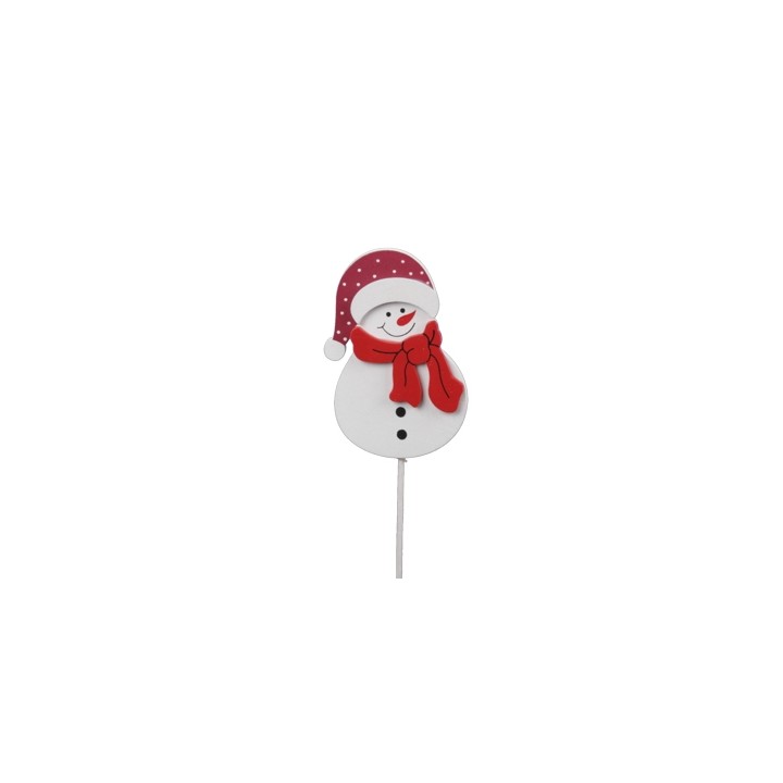 Bonhomme de neige souriant en bois avec chapeau rouge et écharpe, décoratif et festif.