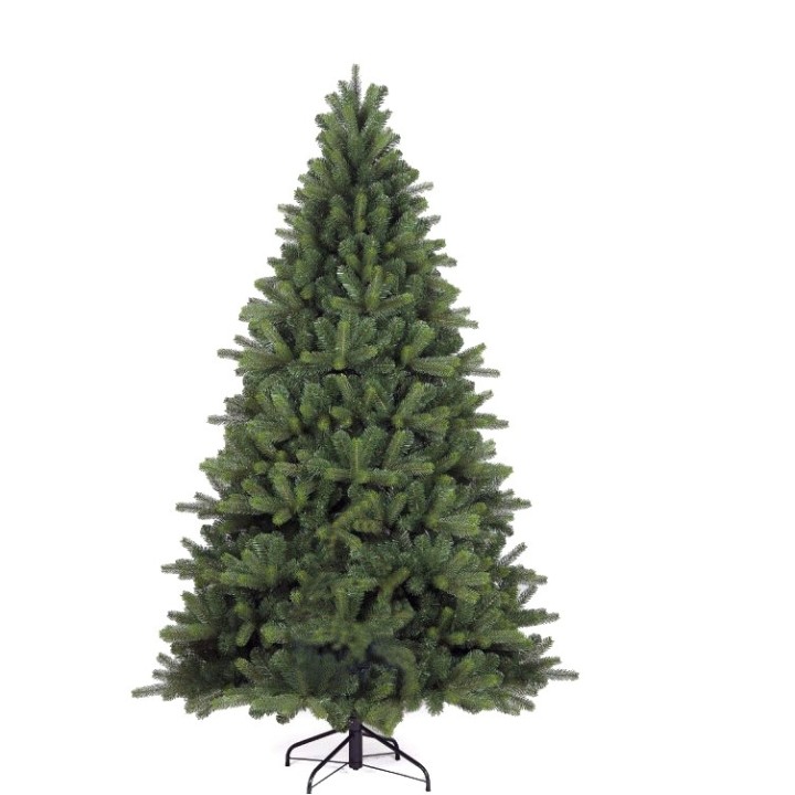 Arbre de Noël artificiel, vert, en forme conique, avec un support noir.