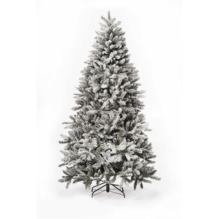 Sapin artificiel enneigé, branches vertes avec une fine couche de faux flocon blanc.