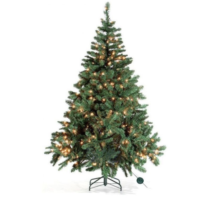 Sapin de Noël artificiel vert, paré de lumières scintillantes et monté sur un socle en métal.