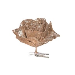 Rose en métal doré, scintillante, avec un support en clip transparent.