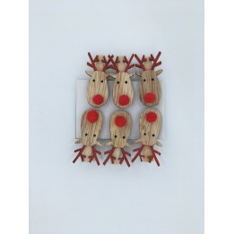 Six rennes en bois avec nez rouge et cornes rouges, sur fond blanc.