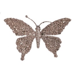 Papillon scintillant en strass, aux ailes brillantes et texturées, dans des tons dorés.