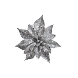 Fleur argentée scintillante aux pétales en forme de pointes, sur fond blanc.