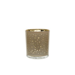 Vase en verre transparent décoré d'étoiles dorées sur fond beige.
