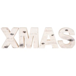 Lettres en bois clair formant "XMAS", décorées de petits détails argentés.