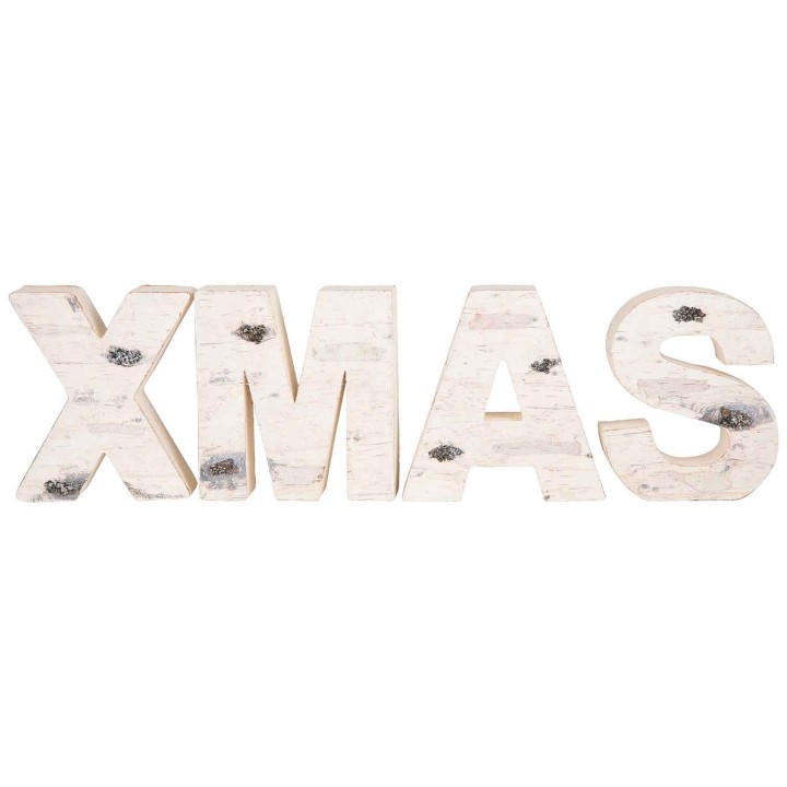 Lettres en bois clair formant "XMAS", décorées de petits détails argentés.