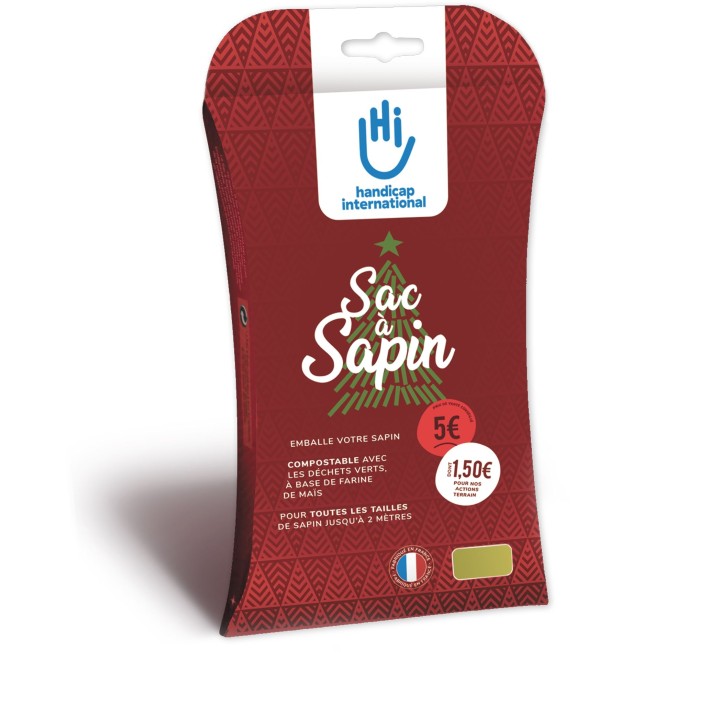 Sac à sapin rouge avec motifs de sapin, étiqueté pour un usage éco-responsable.
