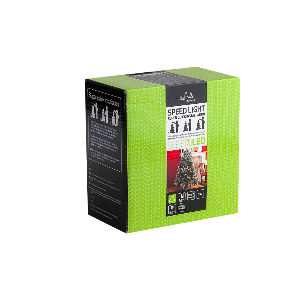 Boîte noire avec motifs verts, contenant des lumières LED pour arbre de Noël.