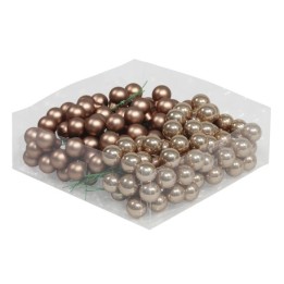 Perles décoratives en bronze, brillantes et mates, disposées en grappes sur fond transparent.