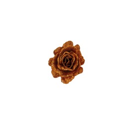 Rose en paillettes dorées, délicate et scintillante, sur fond blanc épuré.