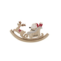 Renne et Père Noël sur un traîneau en bois, style festif et chaleureux.