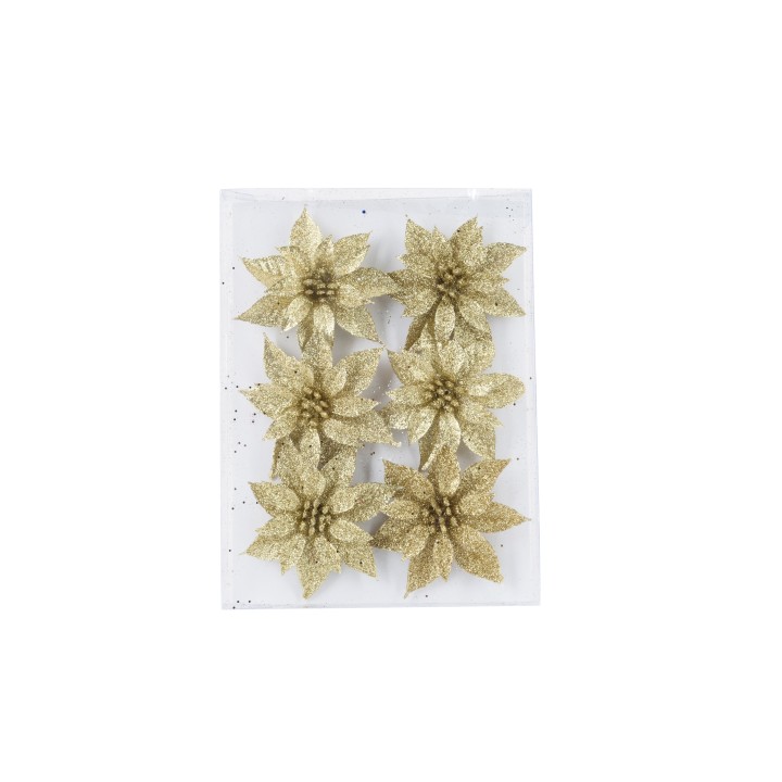 Fleurs dorées scintillantes en plastique, disposées en six sur fond transparent.