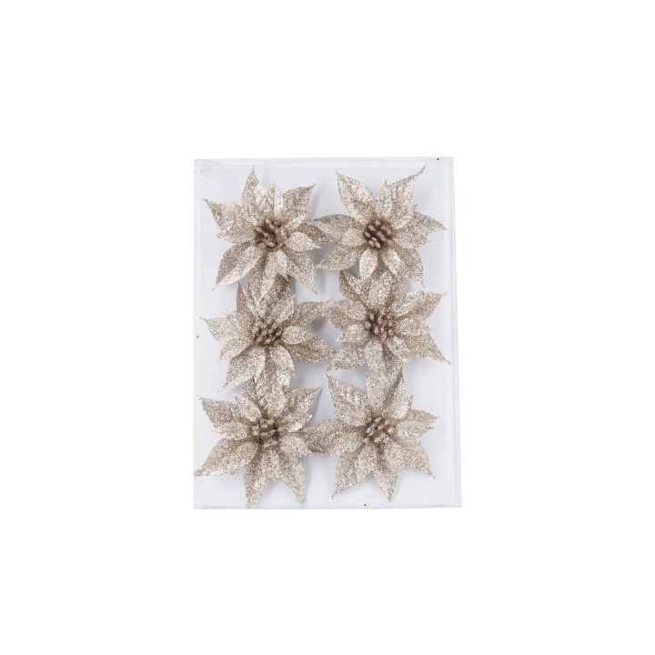 Fleurs en papier brillant aux formes étoilées, couleur dorée sur fond transparent.