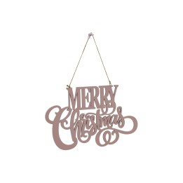 Décor en bois rose avec texte élégant "Merry Christmas" suspendu.