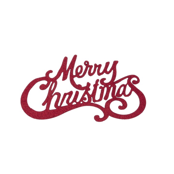 Texte festif "Merry Christmas" en rouge scintillant sur fond blanc.