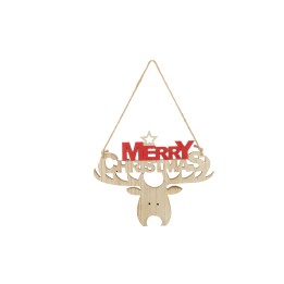 Décor en bois, tête de renne, inscription "Merry Christmas" en rouge, cordon suspendu.