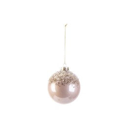 Boule de Noël rose ornée de paillettes brillantes en haut, suspendue par un fil doré.
